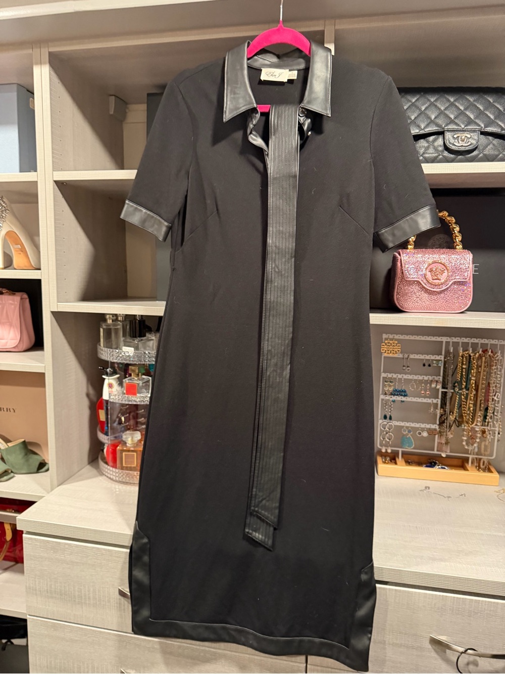 Eliza J Black Midi Dress with Faux-Leather Trim
